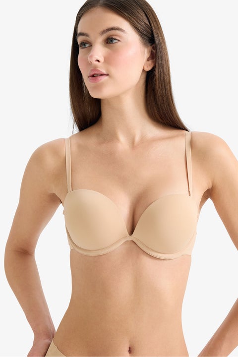 Beige Woman Micro Covered Half Padded Underwired Strapless Bra Casual